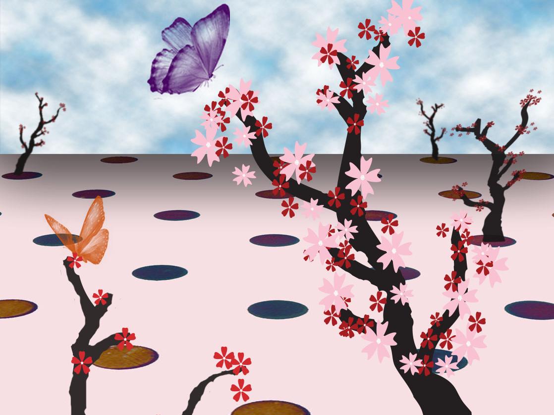 drawing of butterflies  cherry tree in bloom