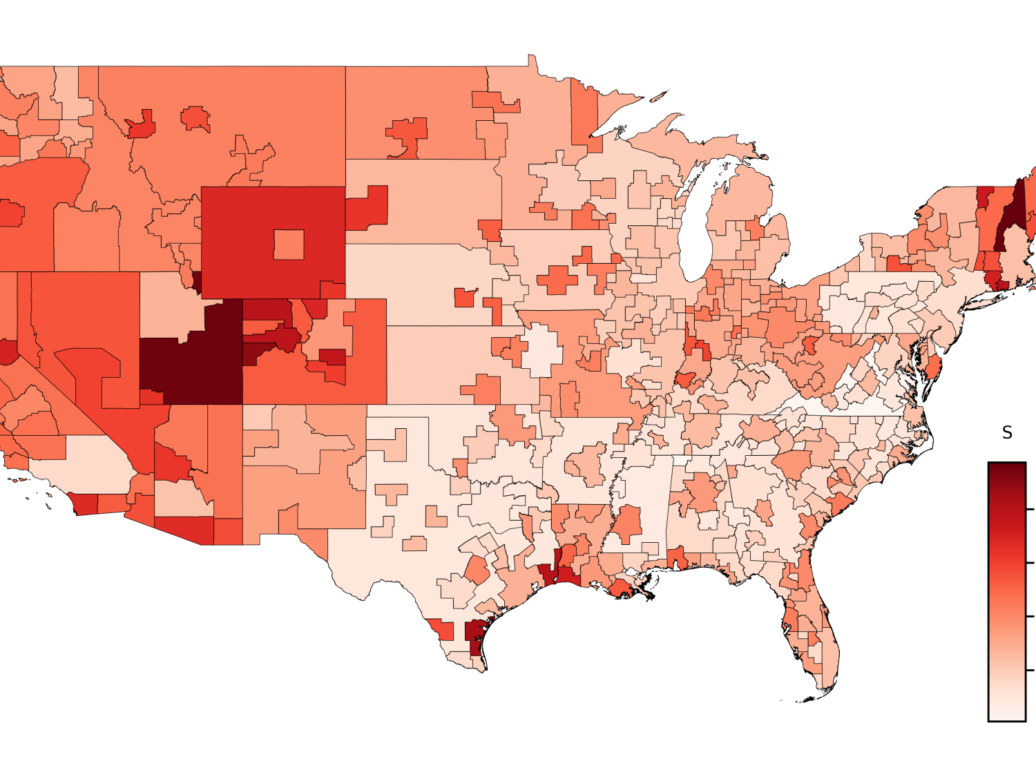 map of U.S. showing state borders showing levels of potential food shock.  worst areas include far northwester us, southern Utah and parts of main and upper New England