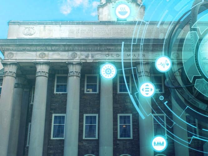 Ashtekar Frontiers of Science Lectures 2021 hero image: Old Main in the background with stylized overlay