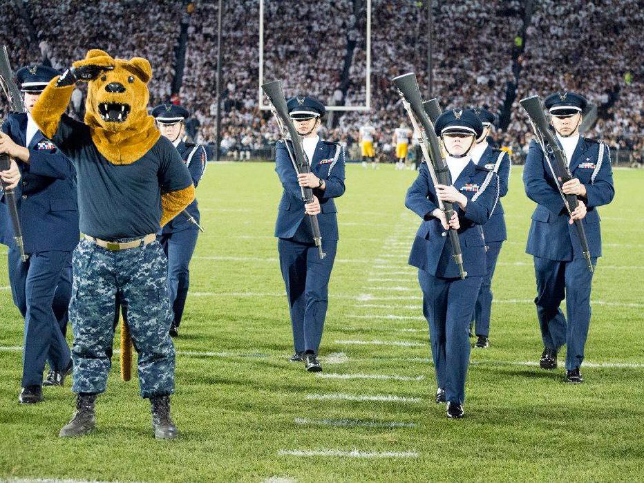 Lion performs at Beaver Stadium with Air Force ROTC students