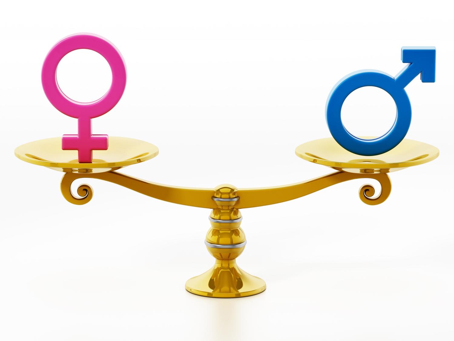 A graphic of a scale equally balanced with a female symbol on one side and the male symbol on the other
