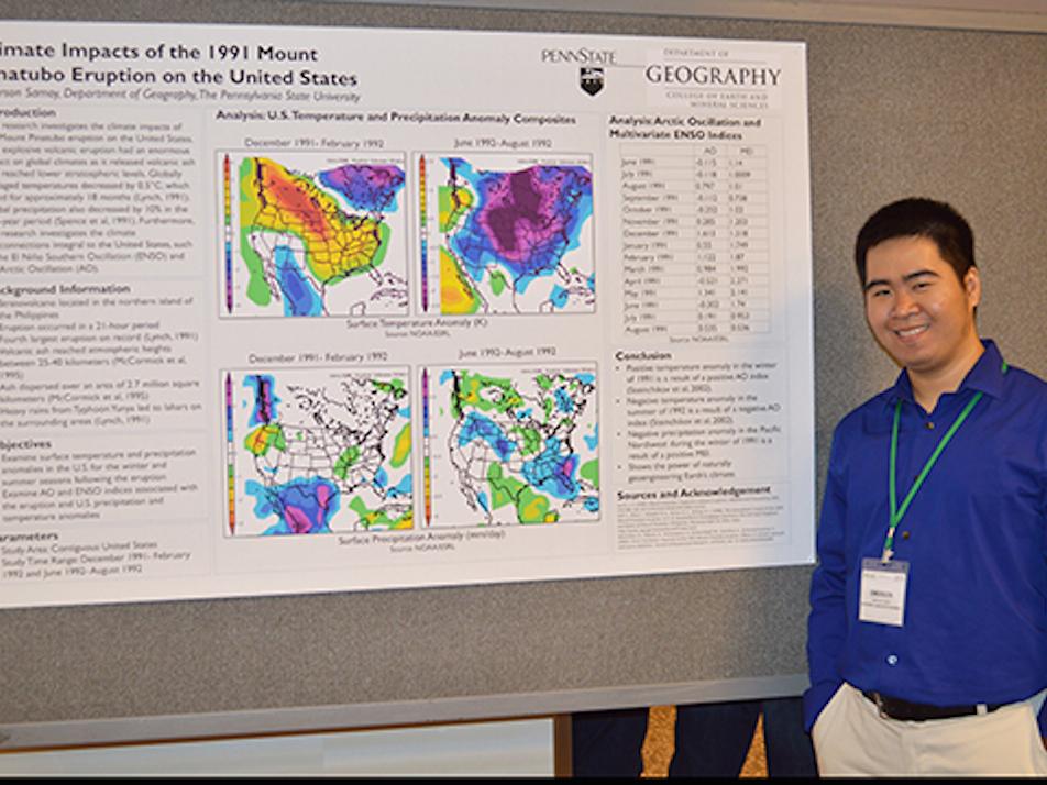 Undergraduate student Emerson Samoy presents his poster on Climate Impacts of the 1991 Mount Pinatubo Eruption on the United States. Emerson and more than 75 other students, faculty, and researchers represented Penn State at the AAG 2015 Conference.