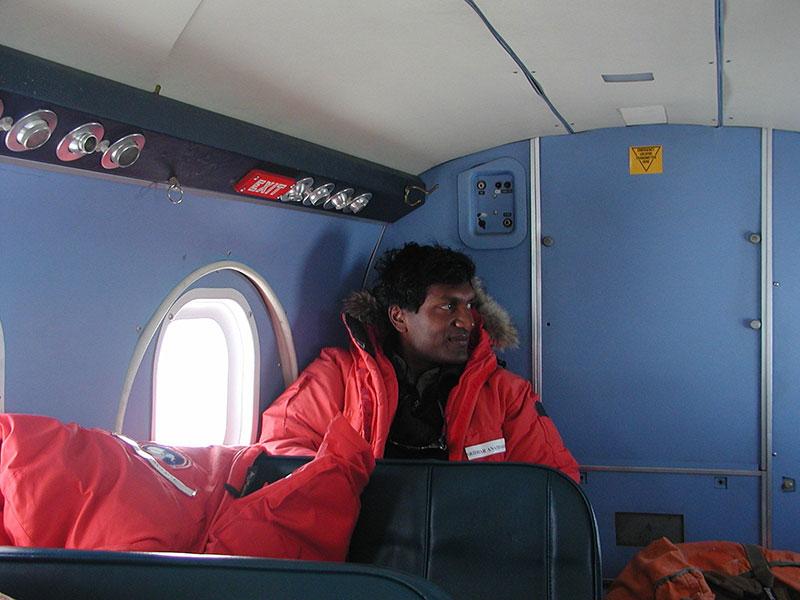 Sridhar Anandakrishnan in a plane on his way to Antarctica.