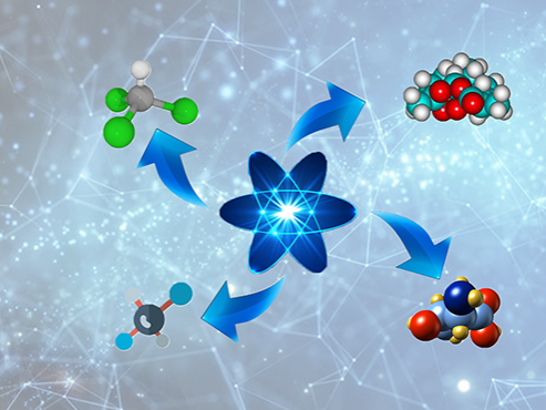 An illustration of one blue star-like figure positioned centrally in the image with four arrows pointing out from it, each to a different figure made up of circles and lines. 