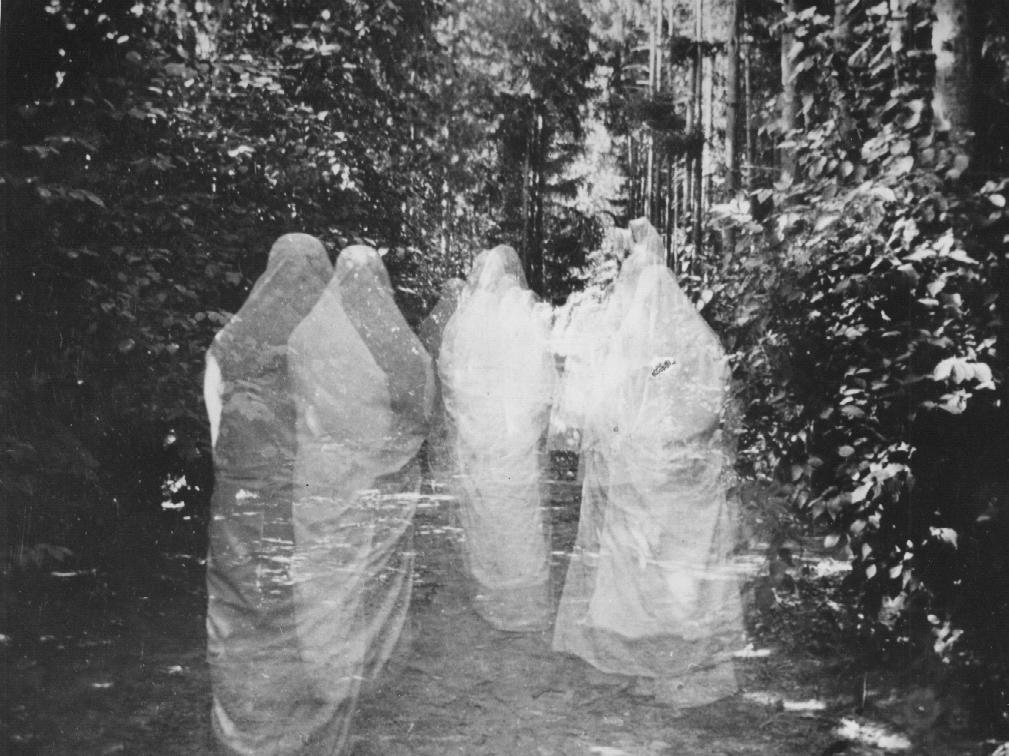 Image of 'ghosts' walking through the trees of the ghost walk