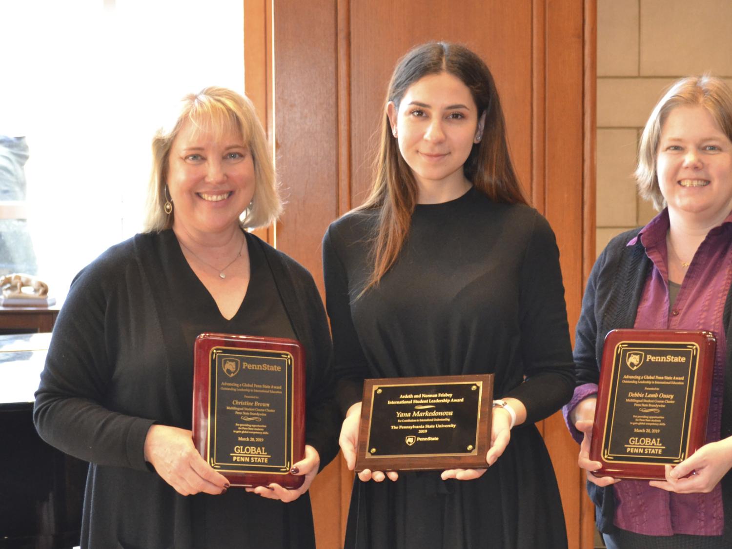 Debbie Lamb Ousey, Christine Brown and Yana Markedonova of Penn State Brandywine received the University’s Outstanding Leadership in International Education award.  