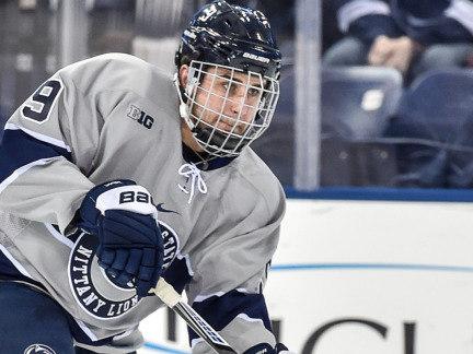 Men's hockey sophomore David Goodwin wearing Penn State gray third jersey at Pegula Ice Arena