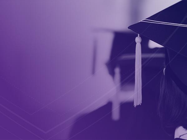Graduation cap with purple gradient and community shield