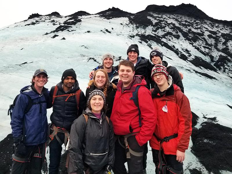 Students hiking on glacier