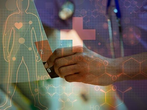 A graphic depicting a hand holding a medical chart