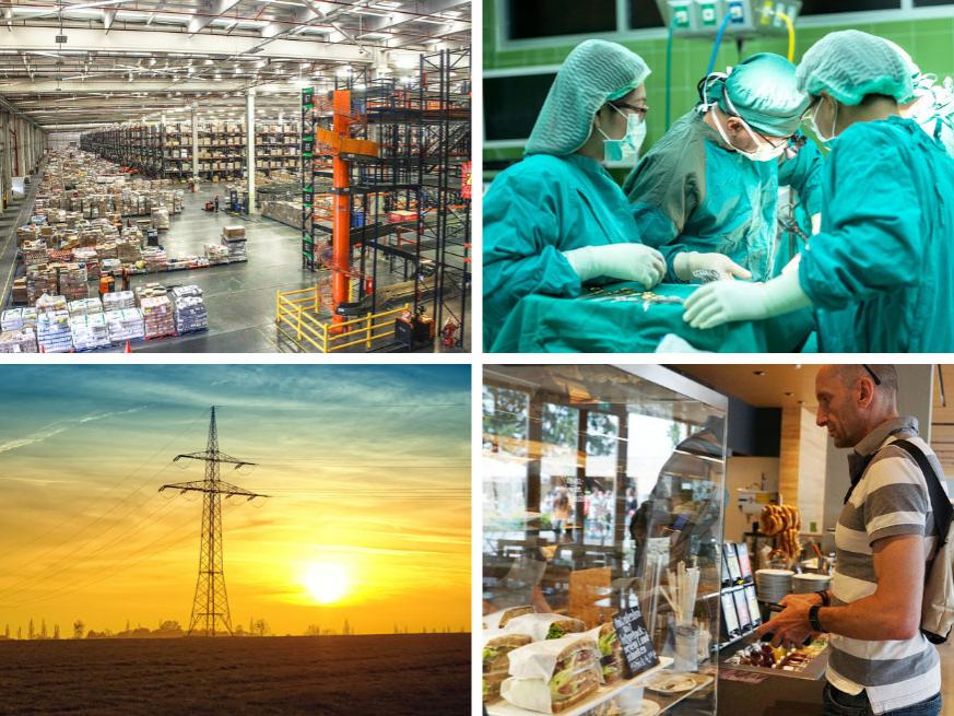 distribution center, emergency room, electrical utility pole, food service