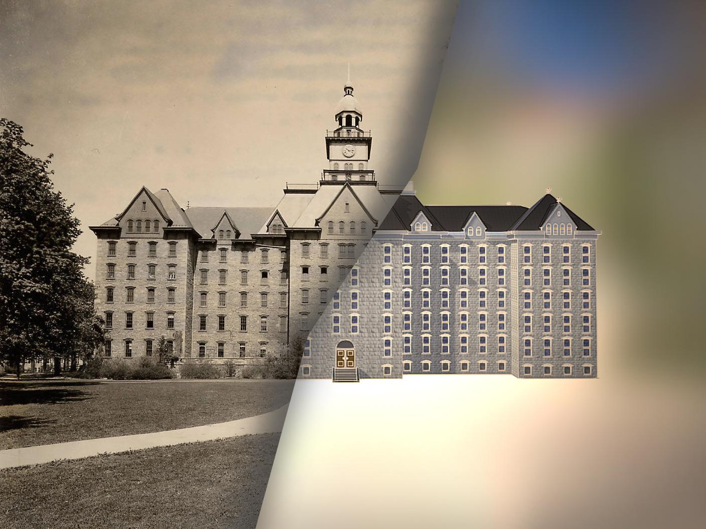 An archive photo of Old Main in 1910 compared to a 3-D model