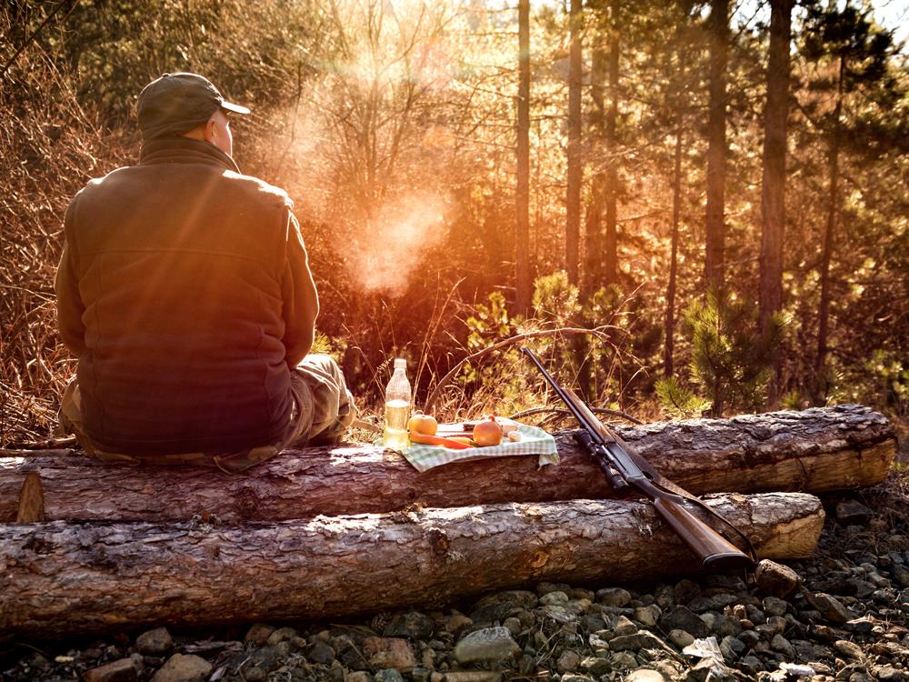 A rear view of a man wearing a green vest and hat, sitting on a log. Next to him is a small tray with a drink and some fruits and vegetables. A shotgun is leaning against the log. The man is looking into a wooded area.