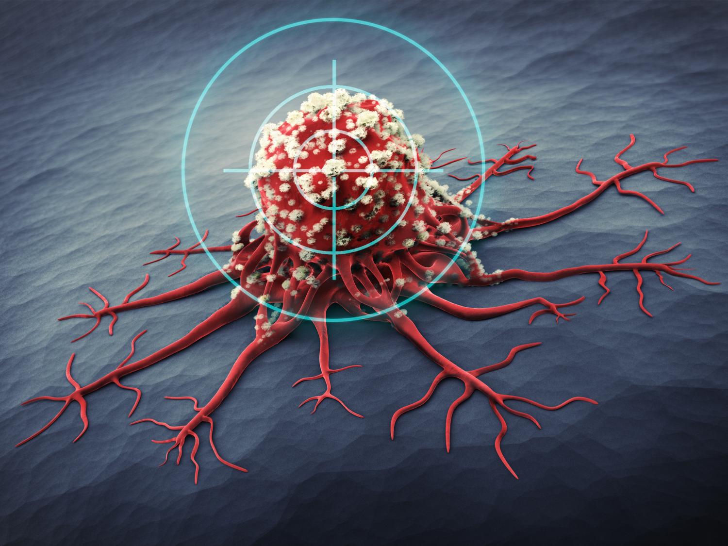 An illustration depicts a red cancer cell on a gray-blue background being targeted by cyan crosshairs.