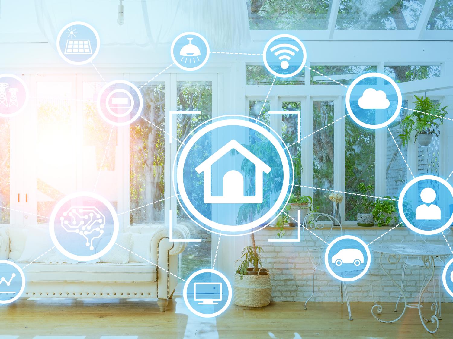 An illustration showing a living room overlaid with various icons relating to energy use and technology in the home.