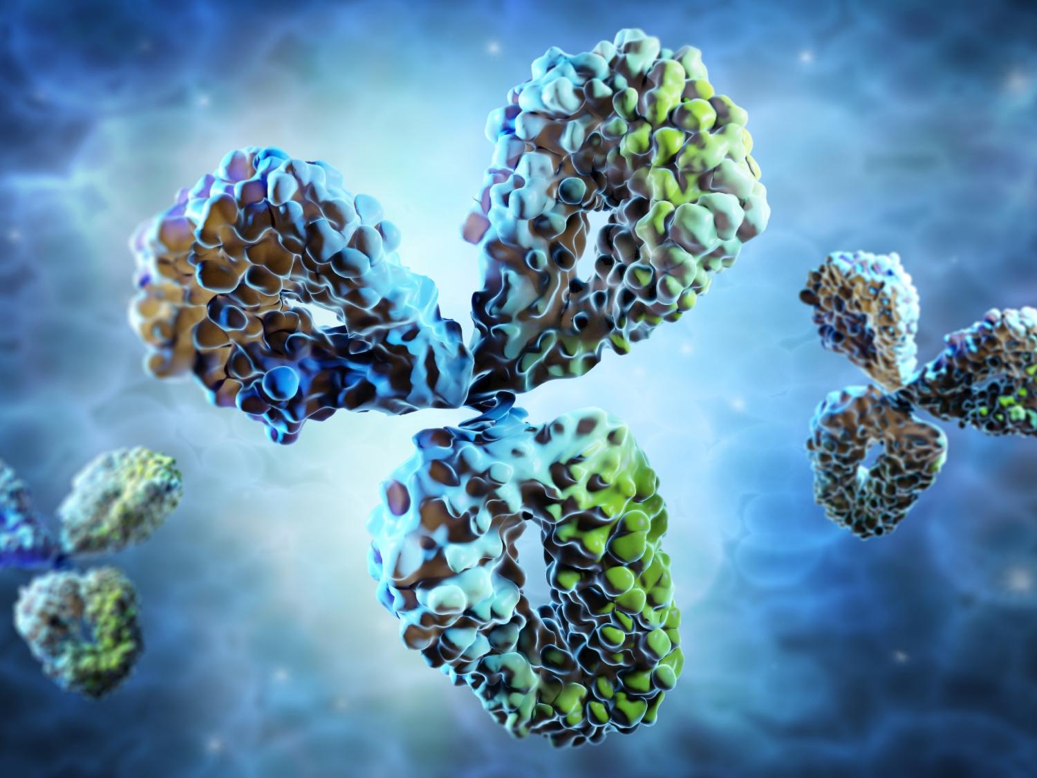An abstract representation of blue, green and aqua antibodies.