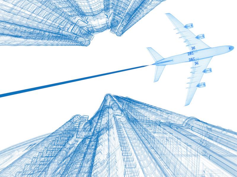 An engineer's drawing of a blue jet flying above a city skyline. 