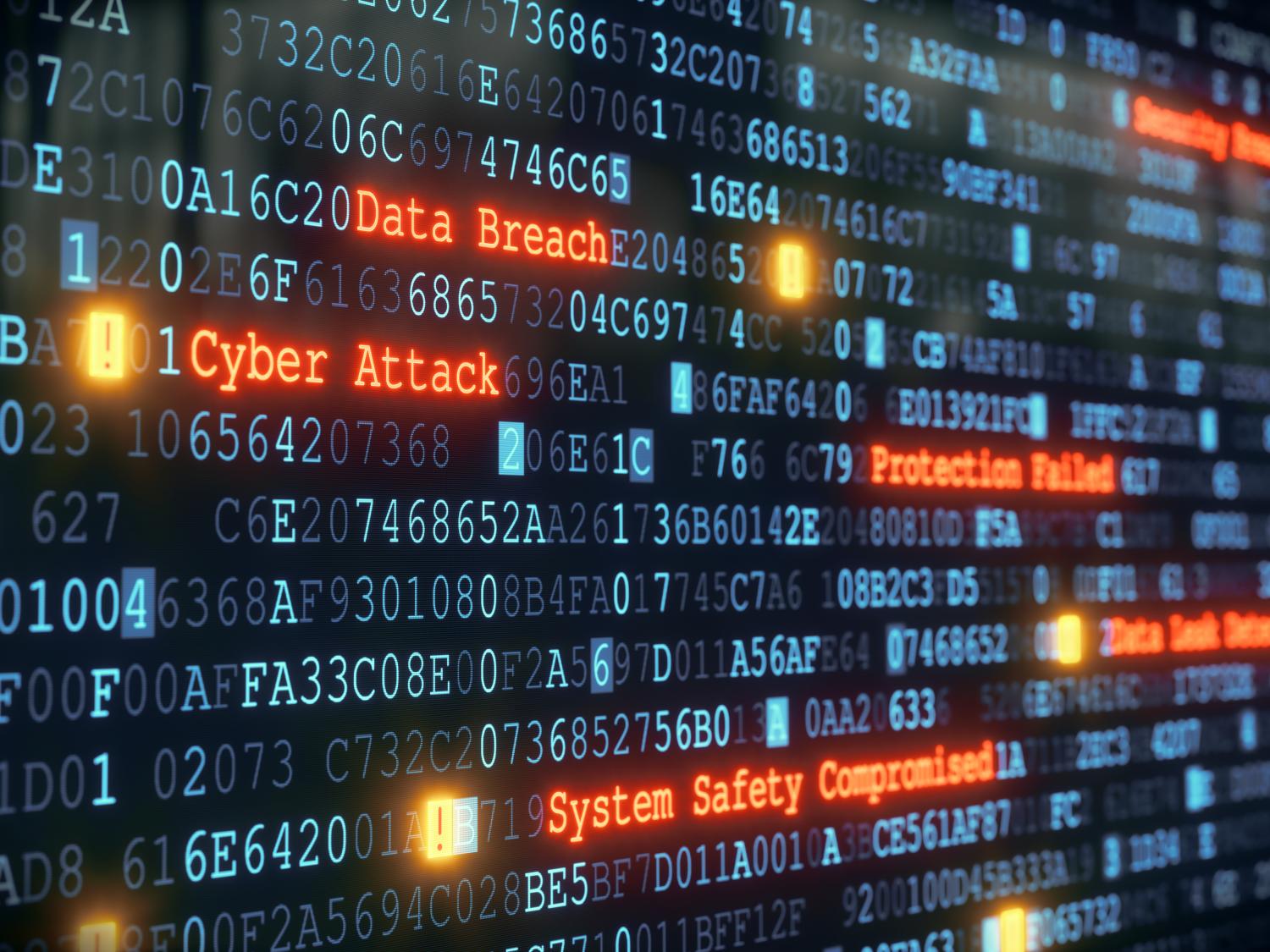 A stock image of digital data and the words cyber attack and data breach. 