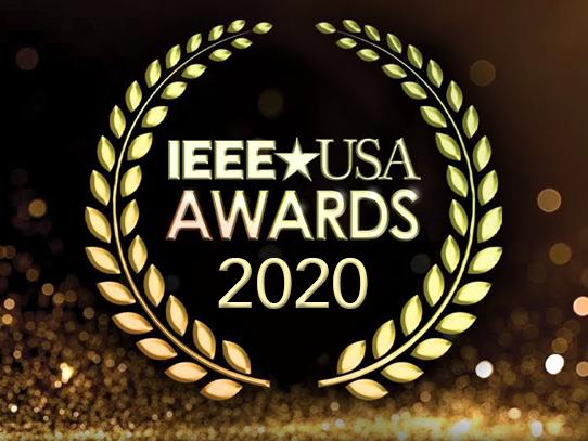 The words "IEEE USA Awards 2020" are encircled by a depiction of a gold laurel wreath against a background of gold glitter. 