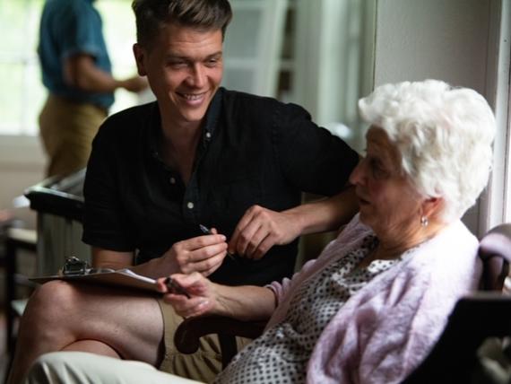 Nathan Brewer (left) talks with Helen Manfull during shooting of "No Loss Here"