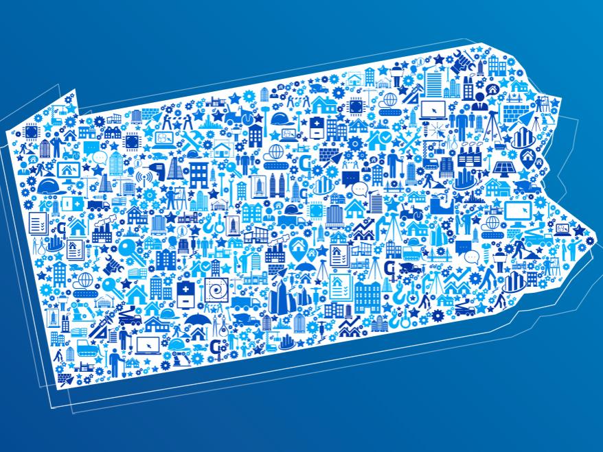 An image of the state of Pennslyvania with a blue background. The state is filled with various small images of manufacturing-related items. 