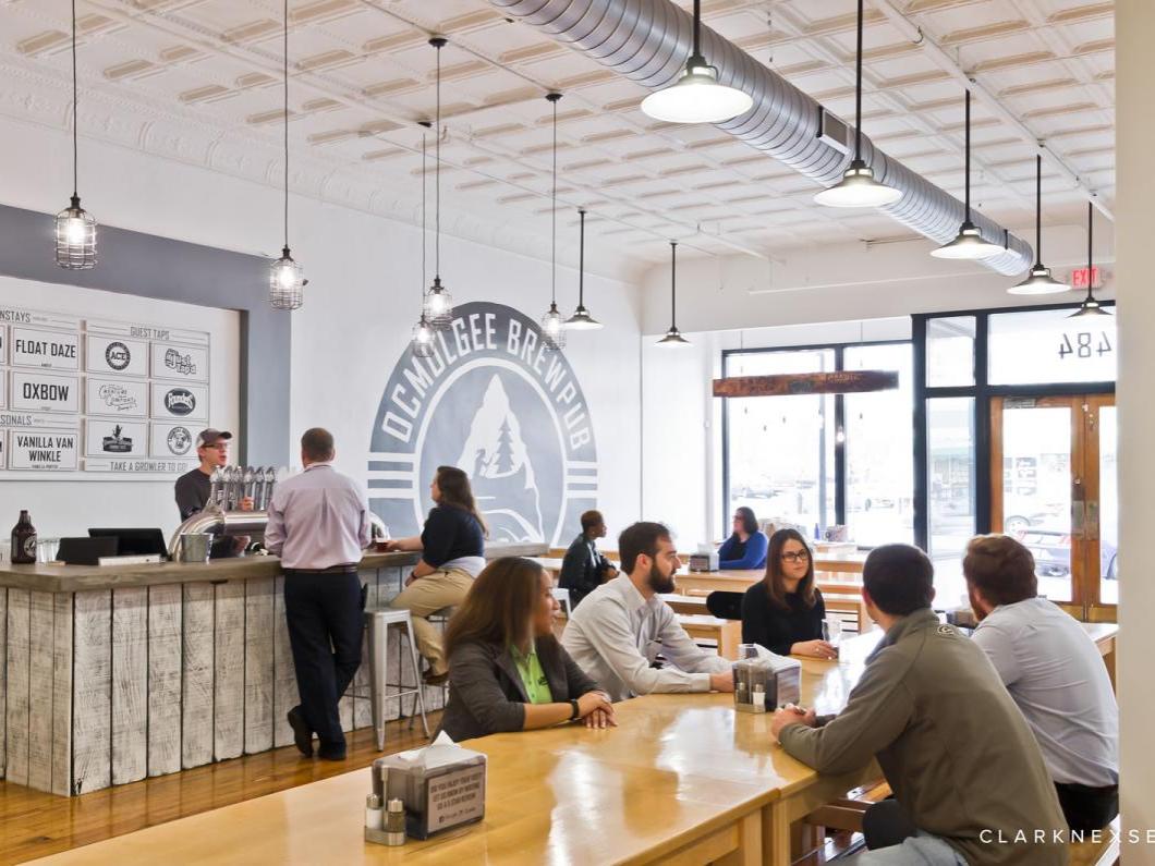 Clients and staff in Ocmulgee brewpub. Image courtesy of Clark Nexsen.