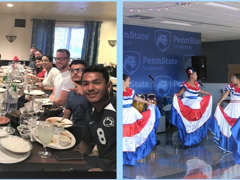 at left, students have dinner at an indian restaurant to experience that culture's cuisine; at right Mexican dancers perform as part of a past Hispanic Heritage Month event at the campus