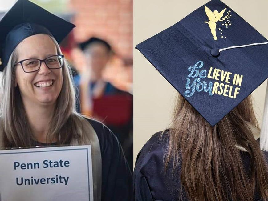 On the left, Julie Brubaker waits to enter Penn State's graduation in December 2019. On the left, her graduation cap has the message "believe in yourself" on it.