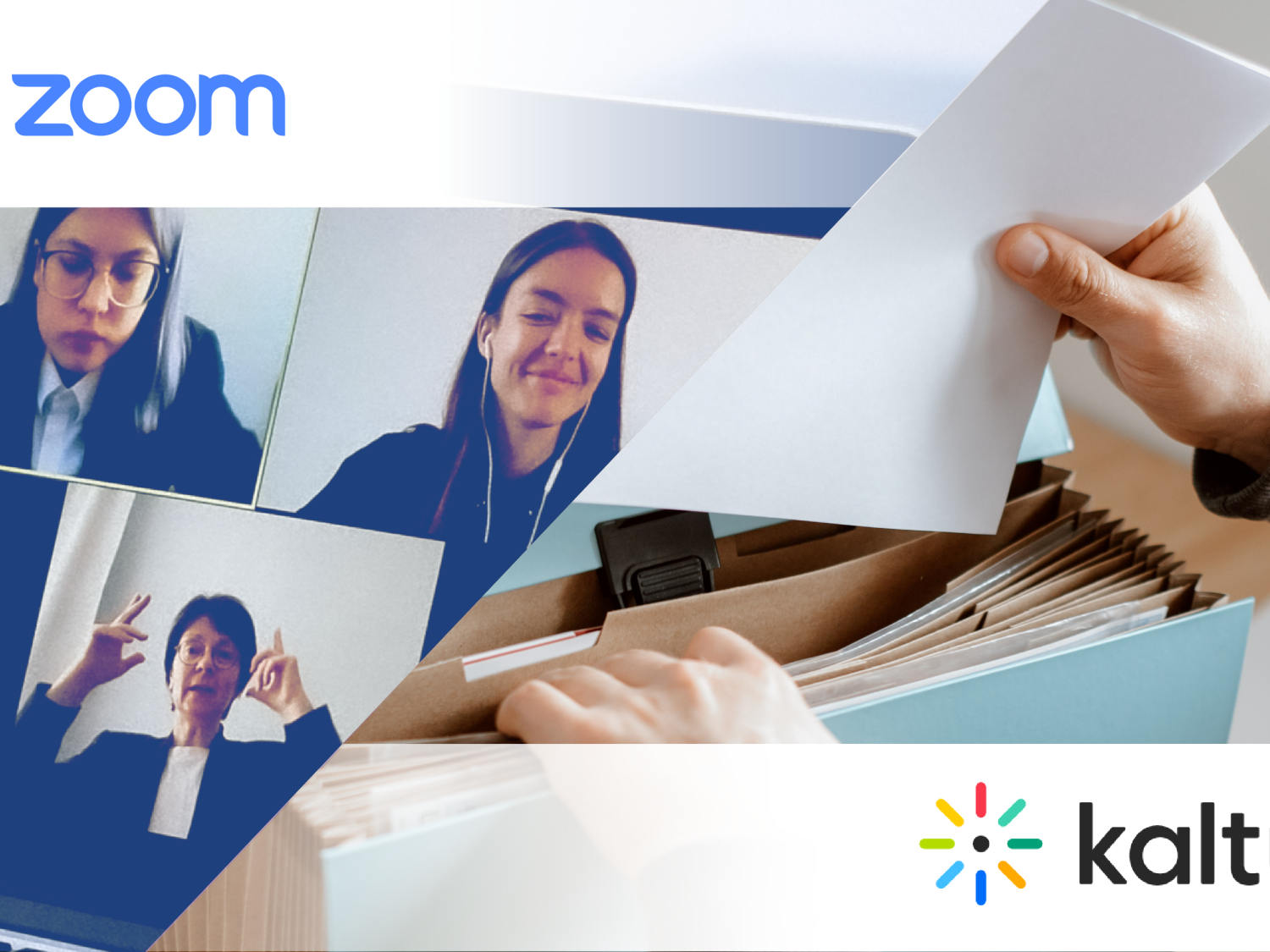 Zoom and Kaltura logos with people in a meeting