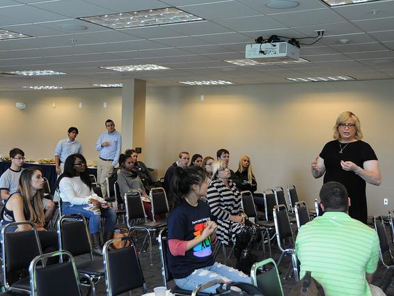 Liz Kleintop speaking to students
