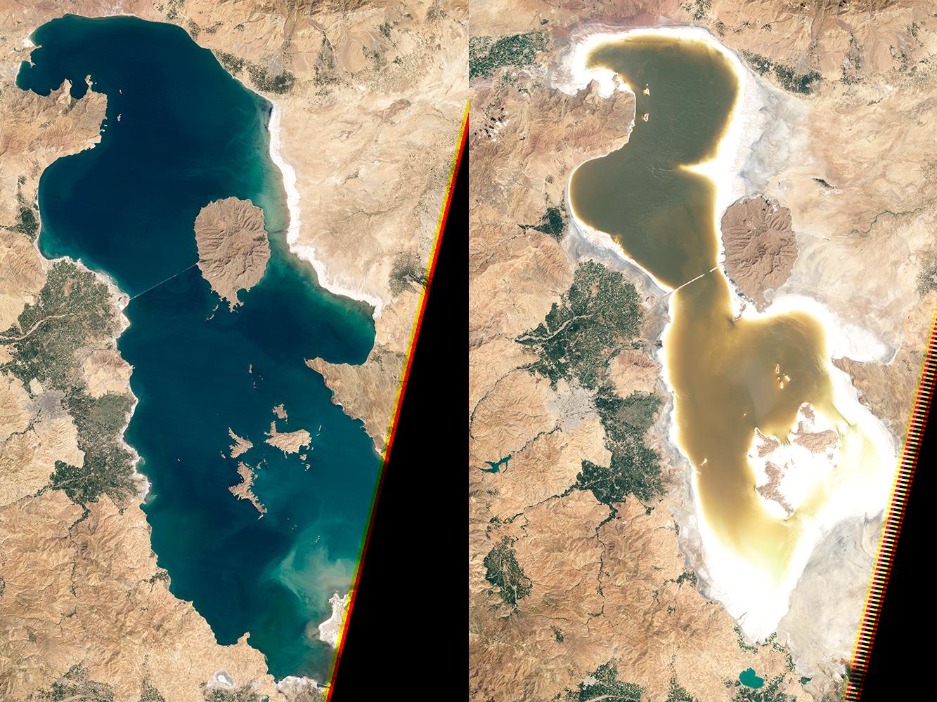 Aerial photo of Lake Urmia in 1998 and 2011 