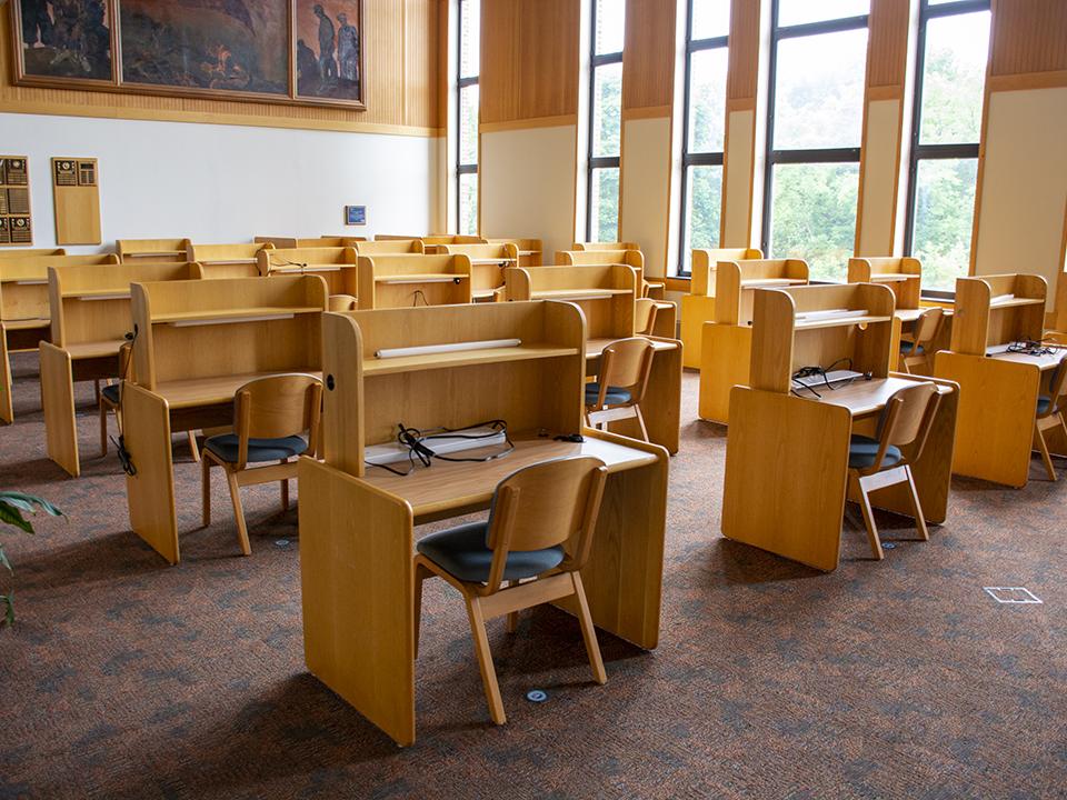 Several rows of study carrels stretched across a wide space