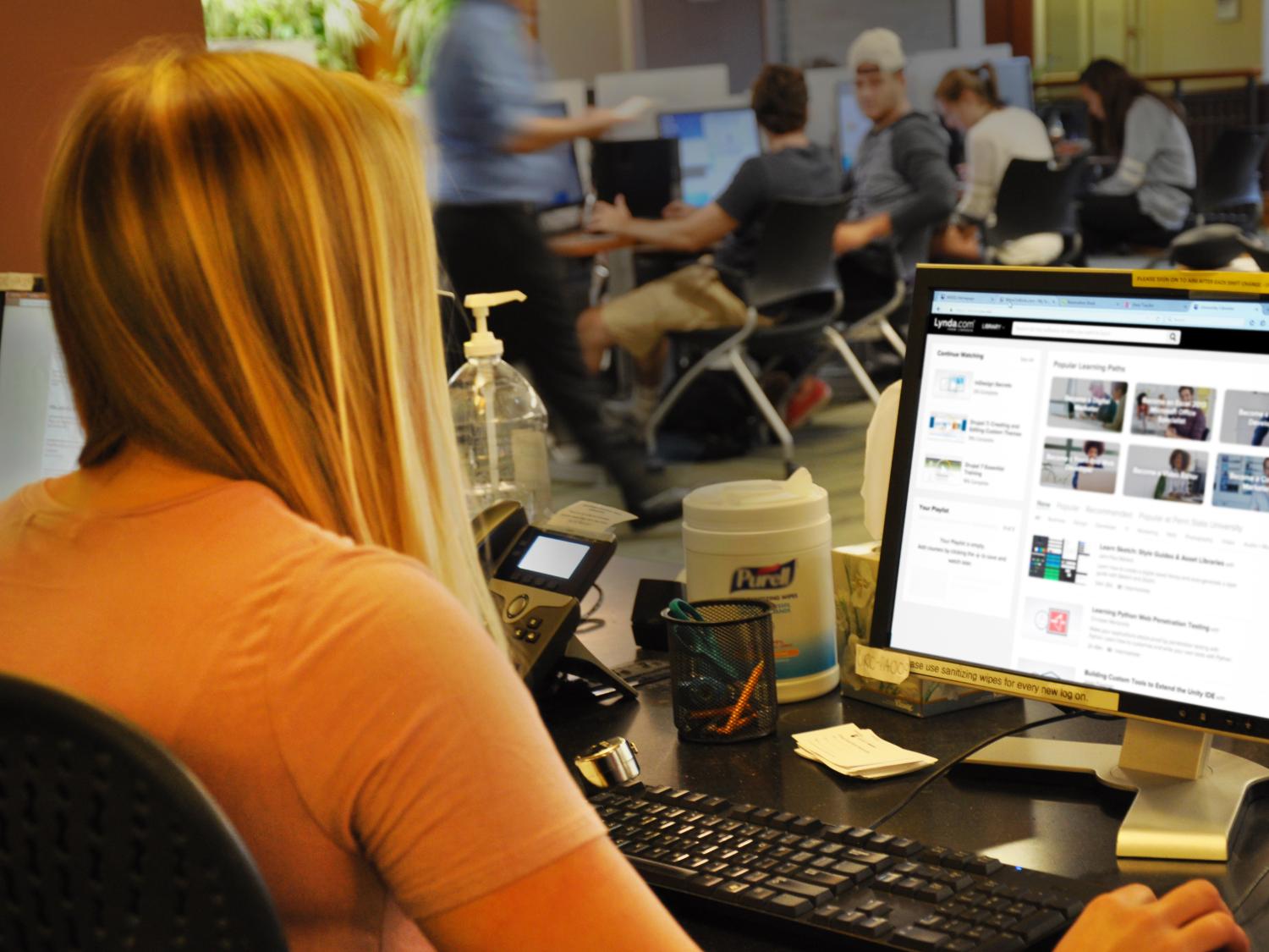 A student sits at a desk on her computer