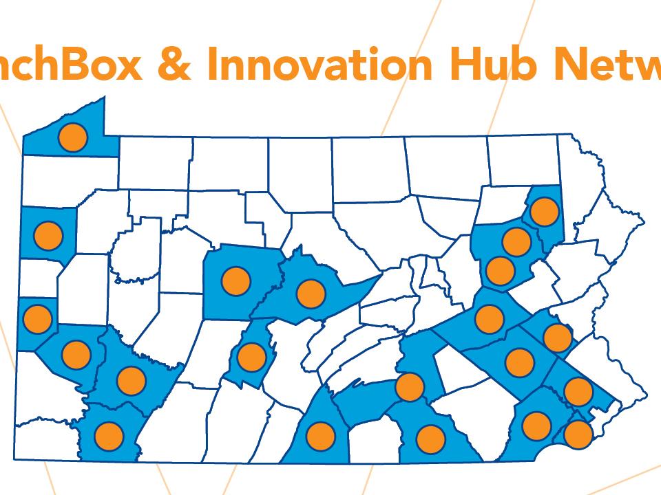 A map of Pennsylvania showing the 21 LaunchBox & Innovation Hub locations across the state.