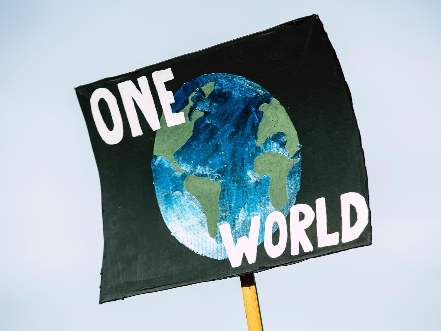 A black poster being held up on a stick with a picture of a world and the words "One World"