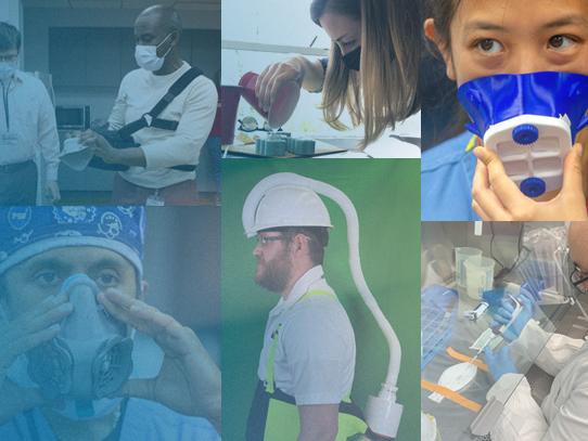 A collage of photos of researchers surveying, testing, building and modeling filtration masks, disposable stethoscopes and other personal protective equipment.