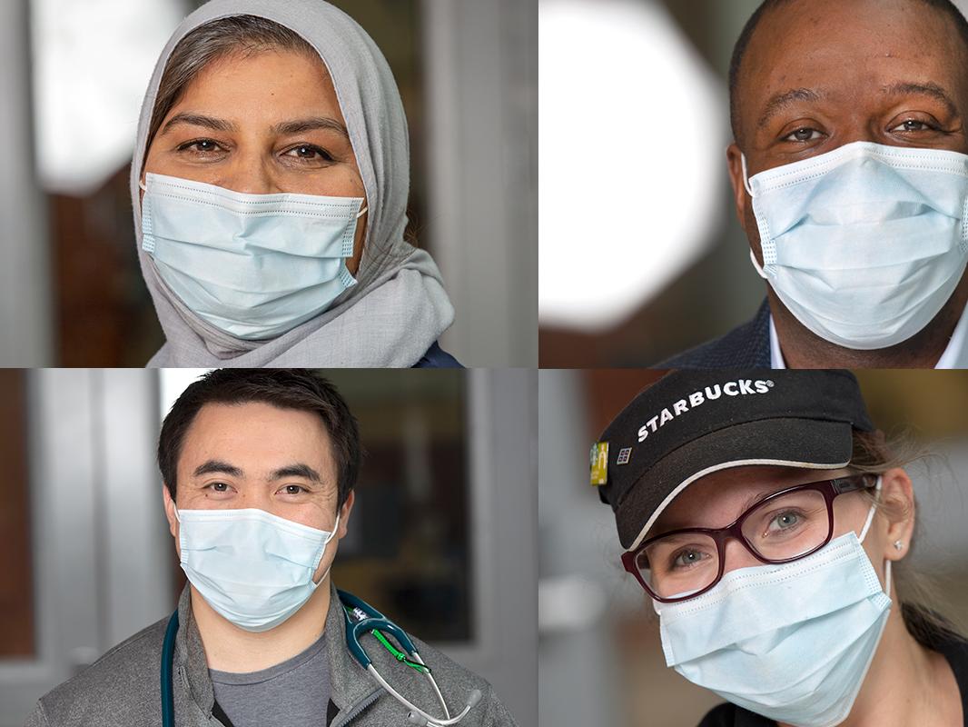 A four-photo collage composed of two men and two women, all of them posing as they wear face masks.