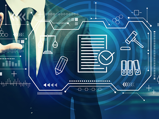 Illustration of person using a touchscreen covered in graphics representing engineering, law and policy