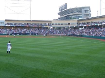View from right field toward home plate during a game at Medlar Field at Lubrano Park
