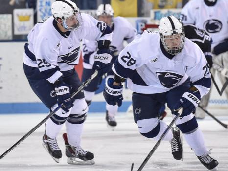 Penn State men's hockey forwards Casey Bailey (left) and Taylor Holstrom (right)
