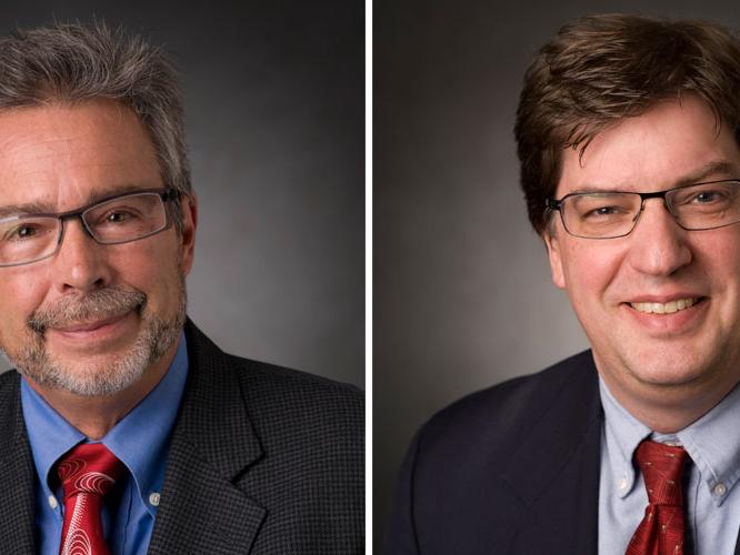 Michael M. Micci, professor of aerospace engineering, and Sven G. Bilén, head of the School of Engineering Design, Technology, and Professional Programs and professor of engineering design, aerospace engineering and electrical engineering.