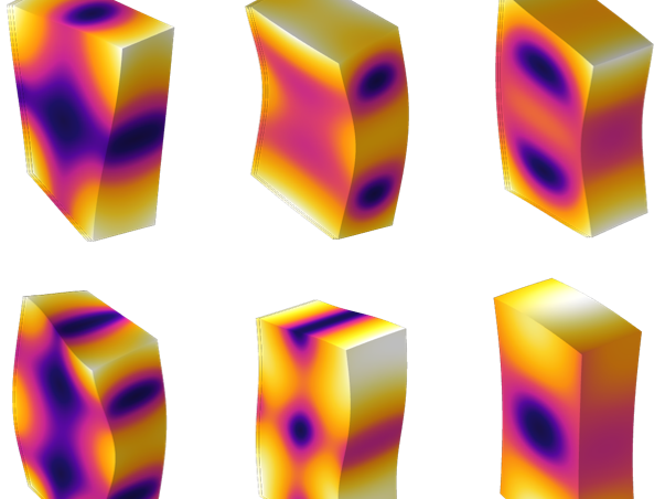 Six 3D cube shapes, simulating natural vibrations of additively manufactured parts 