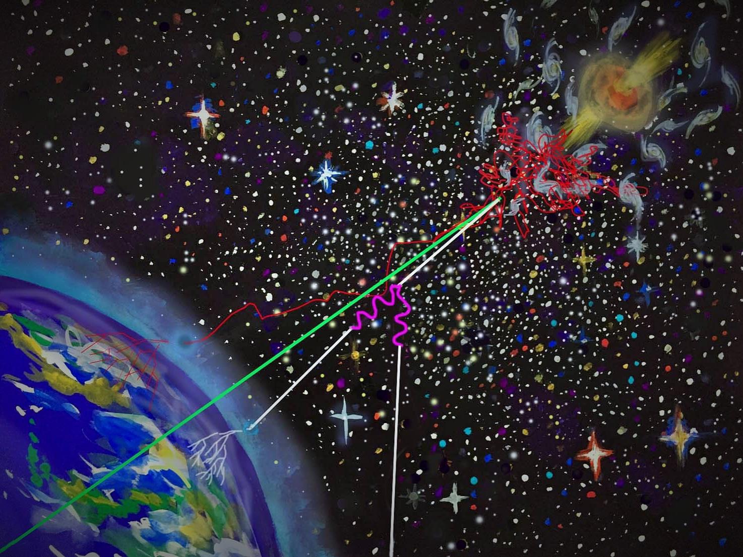 Artist's illustration of three types of extreme-energy space particles being beamed toward Earth by powerful jets from a supermassive black hole