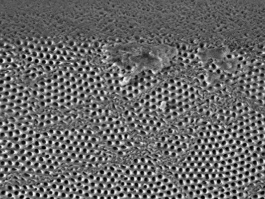A zoomed-in image from a scanning electron microscope showing details of shear banding behavior of a nano-porous anodic aluminum oxide membrane. 