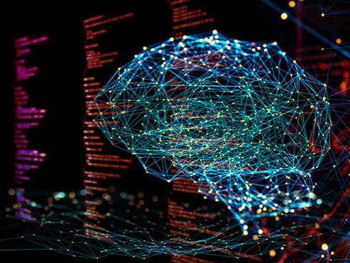 Blue lines and yellow dots form a loose depiction of a human brain against a black and red background.