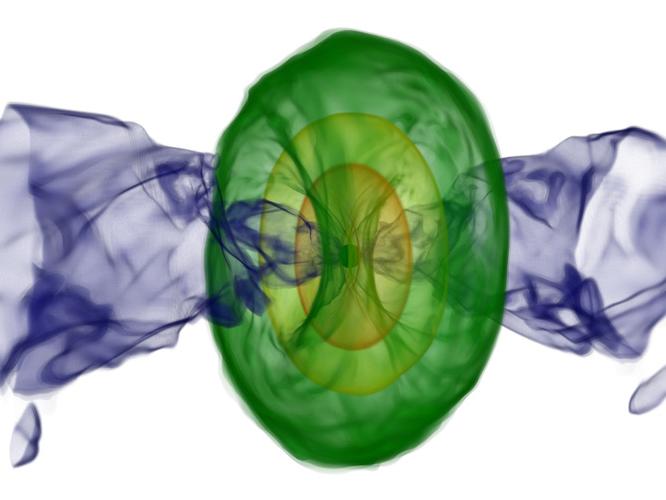 This rendering shows the density of matter in the aftermath of two merged neutron stars, resulting in the formation of a black hole.