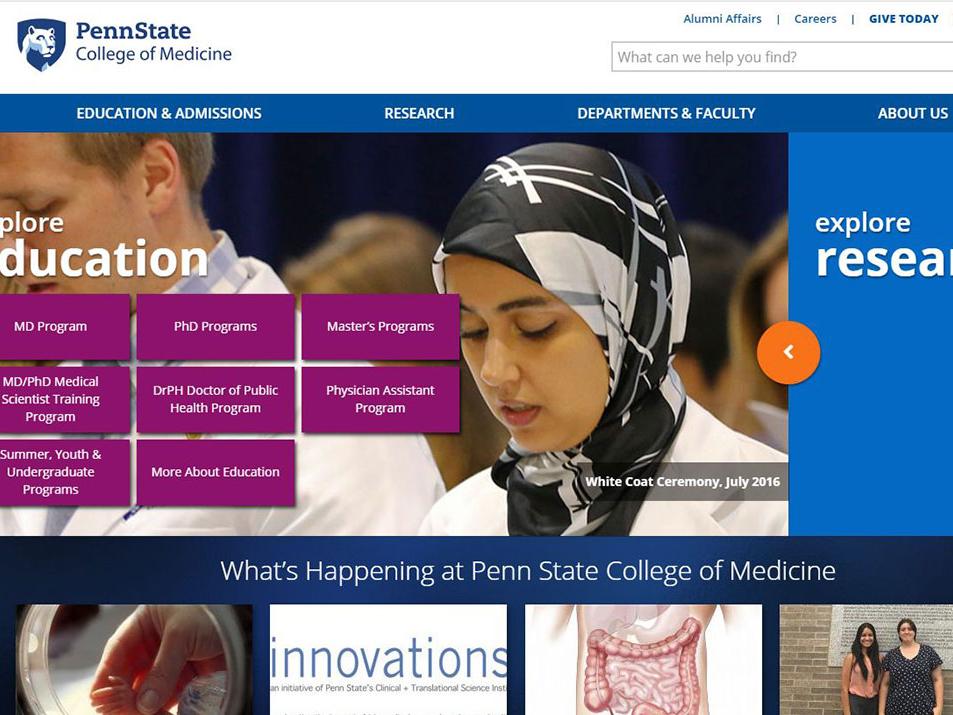 A screenshot of the College of Medicine website, featuring in its main pane medical students reciting an oath and buttons such as "explore education" and "explore research."