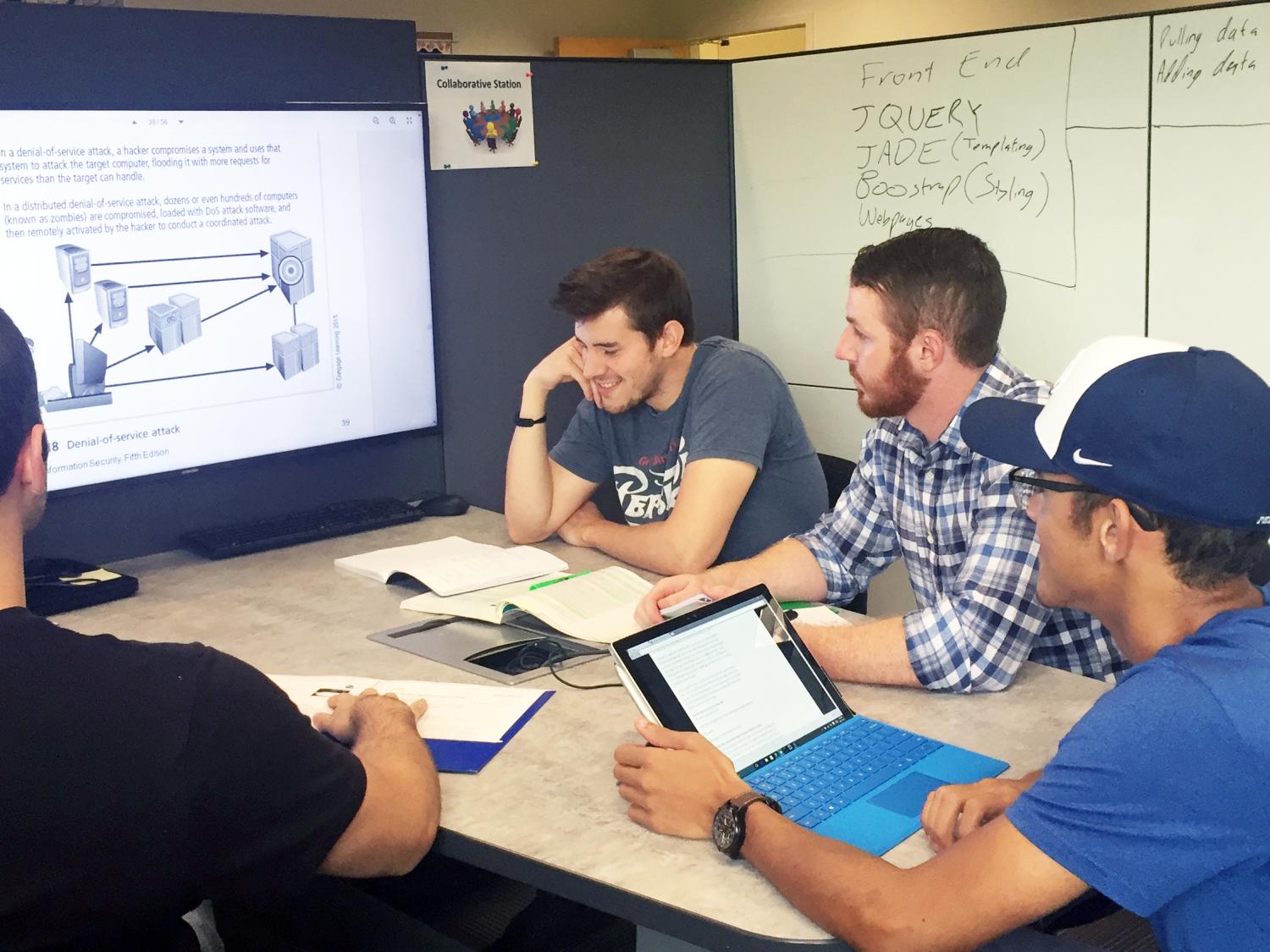 students work with LCD display to collaborate on project