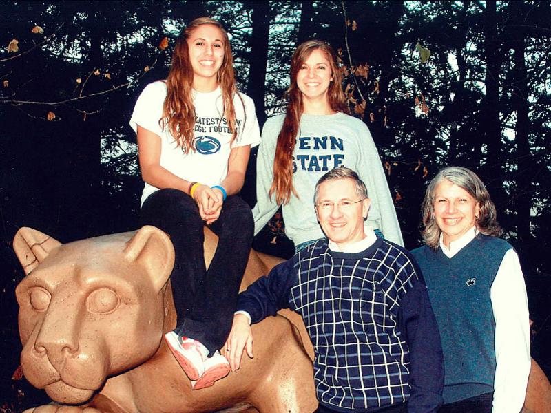 Rodney P. Kirsch, Penn State's senior vice president for development and alumni relations, bottom center, and Michele S. “Mitch” Kirsch, associate dean for student affairs in the Schreyer Honors College, joined by daughters Mackenzie, top left, and Kelsey.