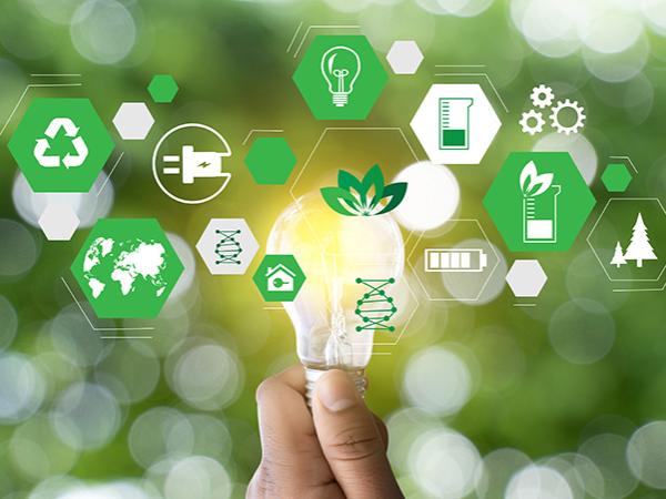 A photo of a hand holding a lightbulb with graphics overlaid that represent sustainability